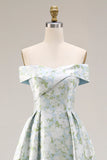 Vestido de Baile Comprido Branca e Azul com Estampado Floral Linha-A e Ombro a Ombro