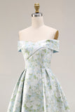 Vestido de Baile Comprido Branca e Azul com Estampado Floral Linha-A e Ombro a Ombro
