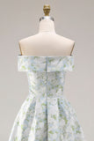 Vestido de Baile Comprido Branca e Azul com Estampado Floral Linha-A e Ombro a Ombro
