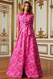 Fuchsia Flor Uma Linha Camisa Colarinho Longo Mãe do Vestido da Noiva com Gravata de Cintura