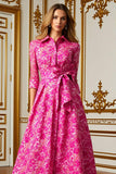 Fuchsia Flor Uma Linha Camisa Colarinho Longo Mãe do Vestido da Noiva com Gravata de Cintura
