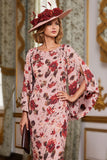Dusty Rose Floral Bainha Estampada Mãe do Vestido da Noiva com Mangas de Cabo