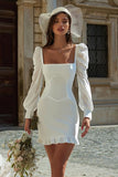 Ivory Corset Bodycon Pescoço Quadrado Vestido de Graduação Curto com Mangas