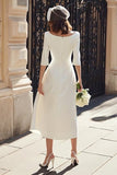 Bainha de Marfim Cetim Bateau Neck Vestido de noivado longo com mangas
