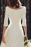 Bainha de Marfim Cetim Bateau Neck Vestido de noivado longo com mangas