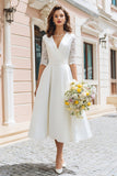 Marfim V-Neck Uma linha de chá comprimento vestido de noivado com renda