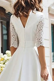 Marfim V-Neck Uma linha de chá comprimento vestido de noivado com renda