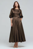 Zapaka Mulheres Vestido de Cerimónia Café Midi Decote Barco Linha-A