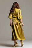 Vestido de Cerimónia Café Midi Decote Barco Linha-A e Mangas