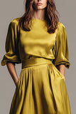 Vestido de Cerimónia Café Midi Decote Barco Linha-A e Mangas