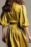 Vestido de Cerimónia Café Midi Decote Barco Linha-A e Mangas