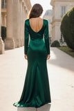 Vestido formal longo de decote em V em cetim verde escuro com fenda
