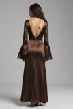 Vestido formal de cetim com decote em V e decote longo com fenda