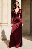 Vestido formal de cetim borgonha, decote em V e mangas compridas, vestido formal