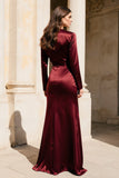 Vestido formal de cetim borgonha, decote em V e mangas compridas, vestido formal