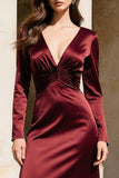 Vestido formal de cetim borgonha, decote em V e mangas compridas, vestido formal