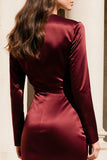 Vestido formal de cetim borgonha, decote em V e mangas compridas, vestido formal