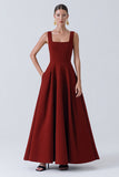 Vestido de Convidado de Casamento Longo de Cetim Borgonha com Bolsos