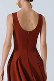 Vestido de Convidado de Casamento Longo de Cetim Borgonha com Bolsos