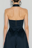 Vestido Comprido Marinha para Convidada de Casamento com Decote Halter e Bolsos