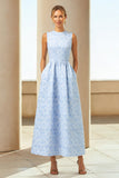 Vestido Jacquard Floral Longo da Linha A azul com bolsos