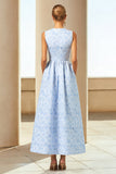 Vestido Jacquard Floral Longo da Linha A azul com bolsos