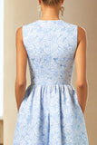 Vestido Jacquard Floral Longo da Linha A azul com bolsos