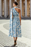 Vestido conversível com padrão de um ombro e flor branca azul A Line com serpentina