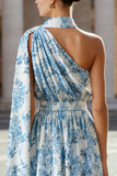 Vestido conversível com padrão de um ombro e flor branca azul A Line com serpentina