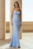 Vestido longo floral com alças finas de sereia azul