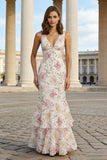 Vestido longo floral com decote em V, sereia cor-de-rosa e folhos