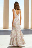 Vestido longo floral com decote em V, sereia cor-de-rosa e folhos