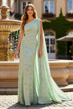Vestido Maxi Floral Verde Sálvia de Um Ombro com Capa