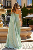 Vestido Maxi Floral Verde Sálvia de Um Ombro com Capa