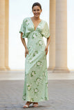 Vestido floral longo Sage Shave, decote em V, com mangas cape
