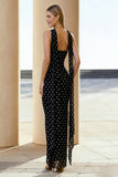 Vestido desconversível comprido desconversível preto preto com bolinhas brancas, sem alças, branco e chiffon,