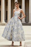 Vestido Espartilho Midi Jacquard Strapless Azul Poeirento, A Line Corset