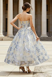Vestido Espartilho Midi Jacquard Strapless Azul Poeirento, A Line Corset
