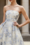 Vestido Espartilho Midi Jacquard Strapless Azul Poeirento, A Line Corset