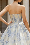 Vestido Espartilho Midi Jacquard Strapless Azul Poeirento, A Line Corset