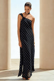Vestido conversível comprido com fitas pretas e brancos com pontinhos pretos e brancos