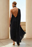 Vestido conversível comprido com fitas pretas e brancos com pontinhos pretos e brancos