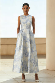 Vestido Jacquard Longo Floral Azul Poeirento Bolsos para Convidada Casamento