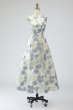 Vestido Jacquard Longo Floral Azul Poeirento Bolsos para Convidada Casamento