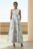 Vestido Jacquard Longo Floral Azul Poeirento Bolsos para Convidada Casamento