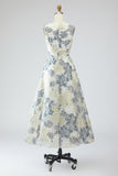 Vestido Jacquard Longo Floral Azul Poeirento Bolsos para Convidada Casamento