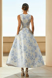 Vestido Jacquard Longo Floral Azul Poeirento Bolsos para Convidada Casamento