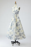Vestido Jacquard Longo Floral Azul Poeirento Bolsos para Convidada Casamento