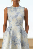 Vestido Jacquard Longo Floral Azul Poeirento Bolsos para Convidada Casamento