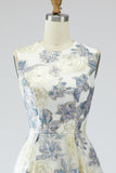 Vestido Jacquard Longo Floral Azul Poeirento Bolsos para Convidada Casamento